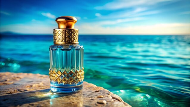 Luxurious cylindrical glass bottle filled with vibrant blue attar oil showcases elegance against calming oceanic aqua background with golden cap.