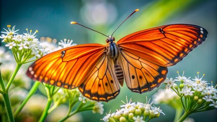 Obraz premium Vibrant orange butterfly with intricately detailed wings and slender body perched on a delicate white flower in a whimsical scene.