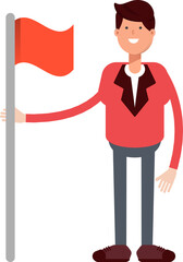 Businessman in Red Suit Character Holding Flag
