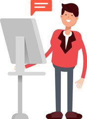 Businessman in Red Suit Character Working on Computer
