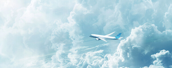 Naklejka premium A photo of an airplane flying in a blue sky with white clouds, in banner format, with copy space on the right side, in the style of photorealistic.
