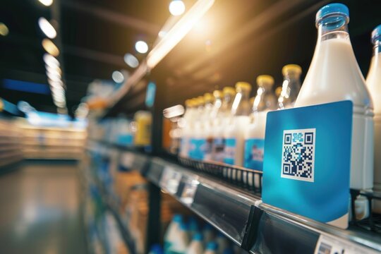 Milk Bottles with QR Code in a Grocery Store. Generative ai.