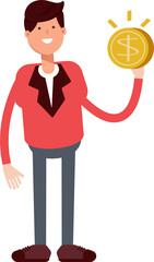 Businessman in Red Suit Character Holding Dollar Coin
