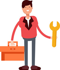 Businessman in Red Suit Character Holding Toolbox and Wrench
