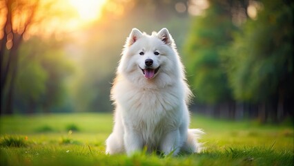 Fototapeta premium Fluffy white Samoyed dog sitting on grass , fluffy, white, Samoyed, dog, pet, animal, cute, fluffy coat, domestic, purebred