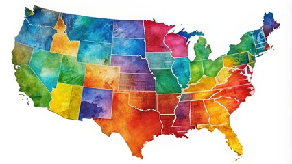 Vibrant colorful map of the United States featuring each state uniquely colored, showcasing geographical boundaries and diversity of the American landscape.
