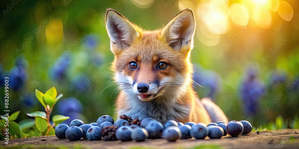 Poster Cute fox with a big appetite for juicy blueberries, fox, blueberries, cute, animals, wildlife, nature, forest, hungry, foraging