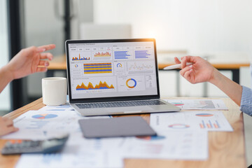 Two analyst women using KPI dashboard for data analytics. Digital data technology concept.