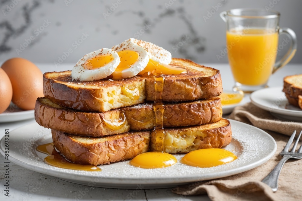 Wall mural Homemade stack of tasty french toast sliced bread soaked in beaten eggs, fried with crispy crust edge, a pad of butter, powdered sugar and syrup, tasty food on a plate, isolated on white background