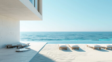 Fototapeta premium Modern Minimalist Beach House Pool Deck with Loungers.