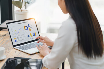 Professional data analyst using data visualizations dashboard on computer monitor for data business analysis and Data Management System.