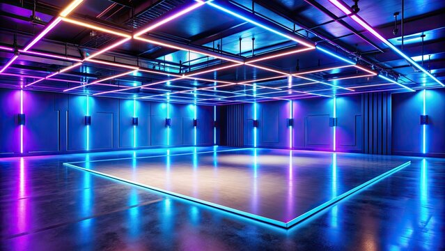 Empty dancefloor in a modern neon-lit studio with a blue glow, close-up of the asphalt stage under a spotlight, dancefloor, stage