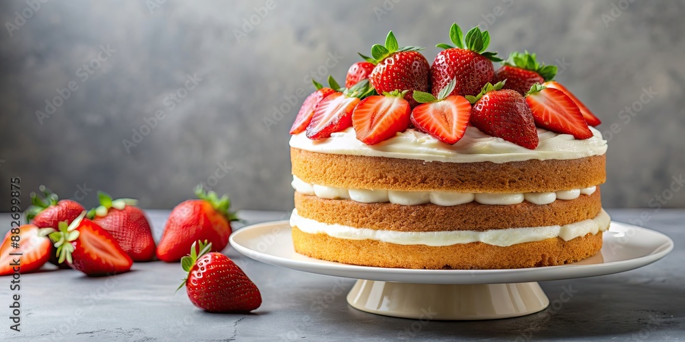 Canvas Prints Delicious fresh strawberry cake with cream cheese frosting and sliced strawberries on top, strawberry, cake, dessert, baked