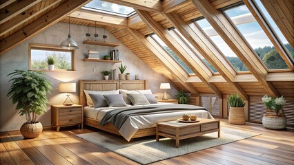 Cozy attic bedroom with skylights and wooden decor, attic, bedroom, cozy, skylights, wooden, decor, interior, home