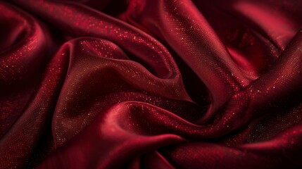 Deep ruby red silk fabric texture shimmering with delicate glitter accents