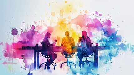 Dynamic watercolor team: business professionals brainstorming together, great for showcasing creative collaboration