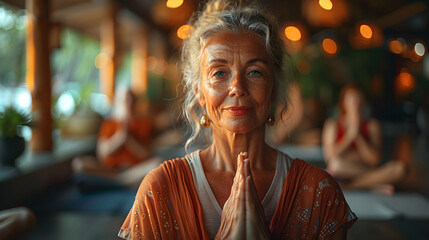 Senior Woman Practicing Yoga in a Group Meditation Class