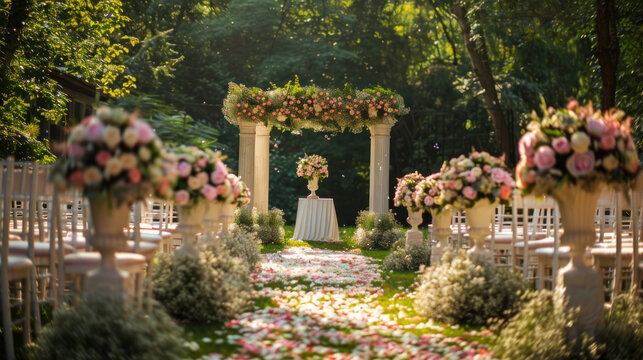 Romantic Wedding Ceremony Setup in a Garden.