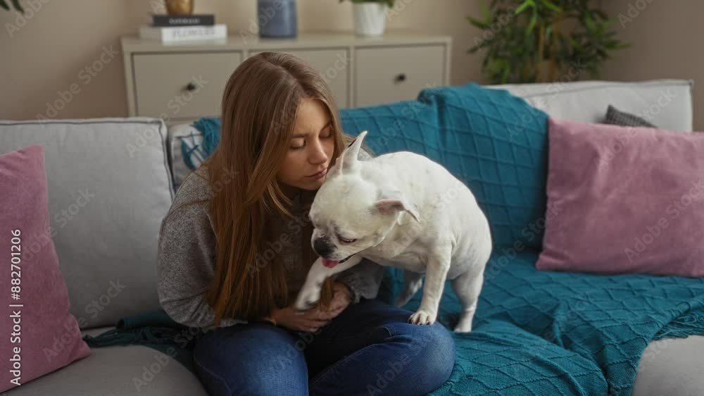 Wall mural A young beautiful blonde woman sits on a couch in a living room holding her stomach in pain while her white dog sits beside her, providing comfort in a cozy indoor home setting.