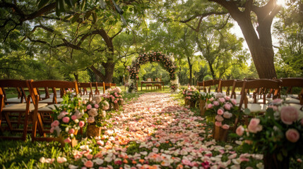 Romantic Outdoor Wedding Ceremony Setup with Flower Arch and Pet