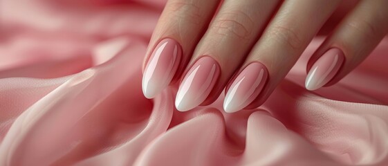 Close-up of a hand with pink ombre nails on soft pink fabric.