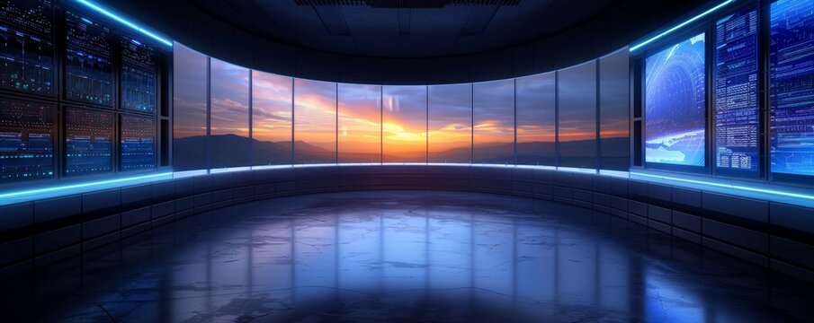 Modern futuristic room with large windows overlooking a sunset.