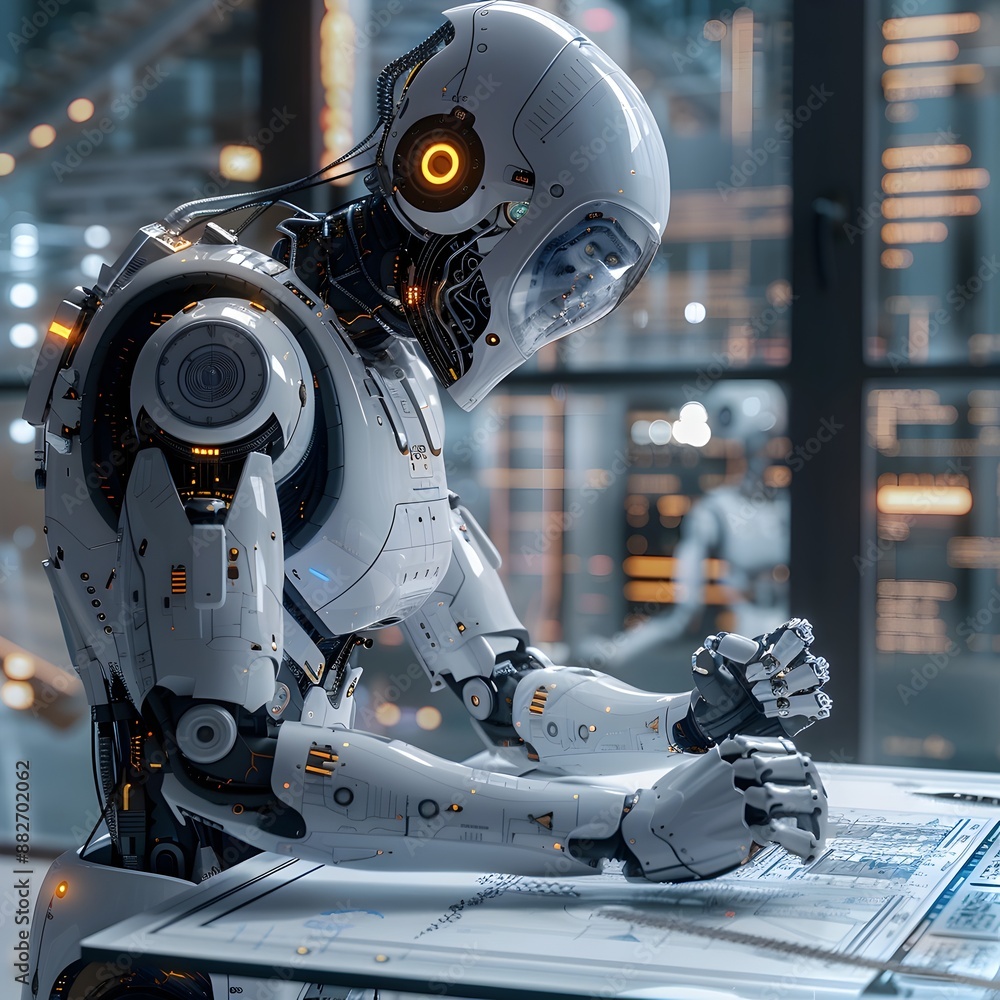 Aufkleber robotic architect designing futuristic building on holographic blueprint table