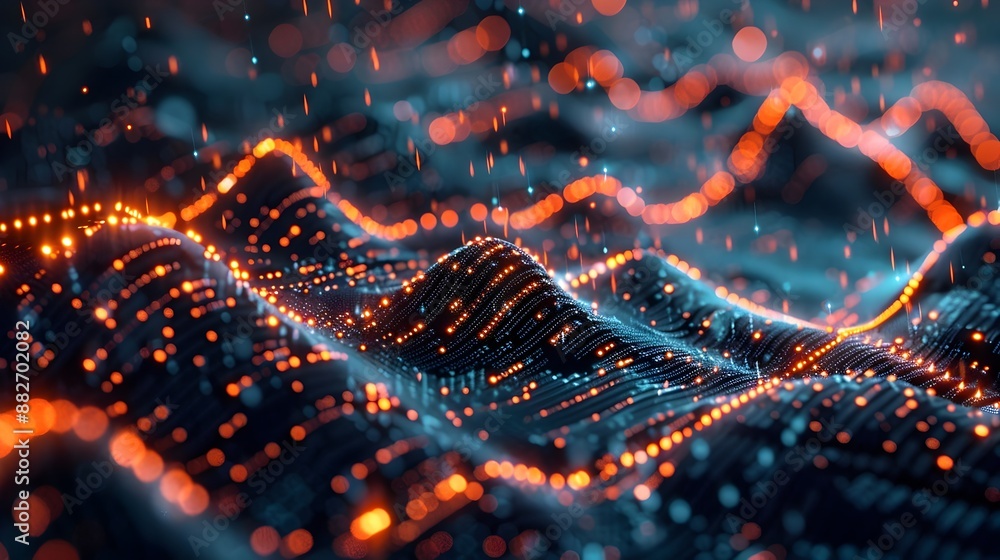 Poster futuristic neural network visualization of glowing market data streams and trading patterns