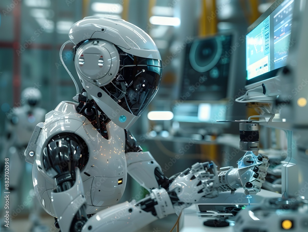 Poster robotic scientist conducting cutting edge experiments in a futuristic laboratory with advanced equip
