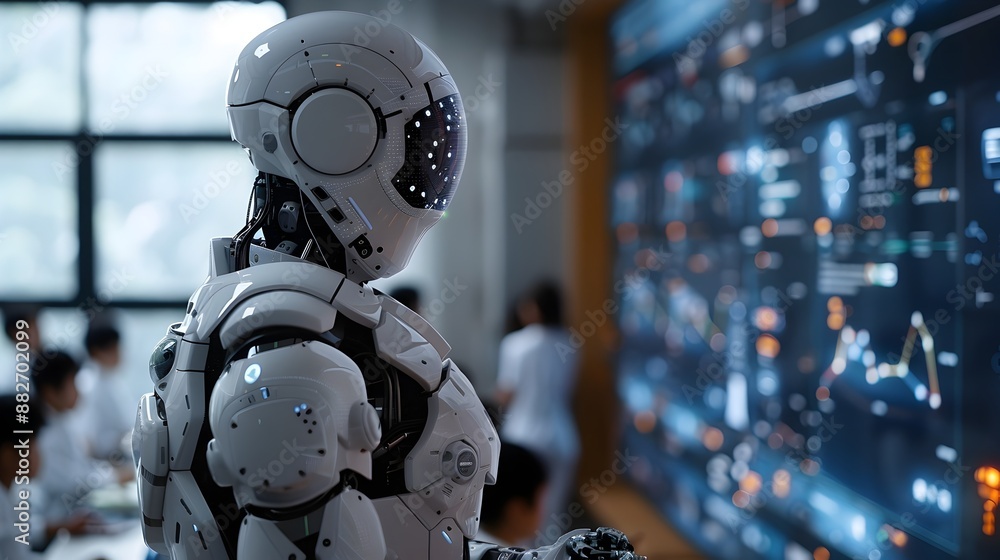 Aufkleber robotic teacher instructing students in futuristic classroom with holographic displays and interacti