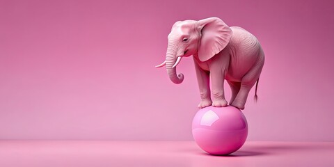 Pink elephant balancing on pink ball with pink background, elephant, pink, balance, ball, circus, performance, skill, strength