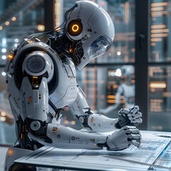 Fototapeta premium Robotic Architect Designing Futuristic Building on Holographic Blueprint Table