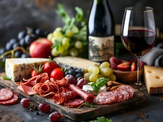 Gourmet Wine and Charcuterie Board with Assorted Cheeses Meats and Fruits for a Refined Dining Experience