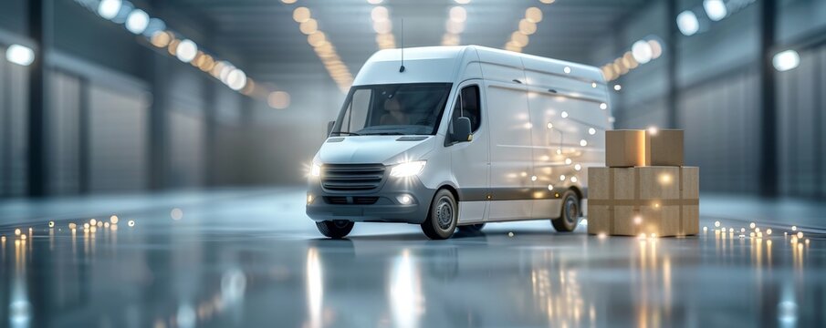 White delivery van with packages in a warehouse.