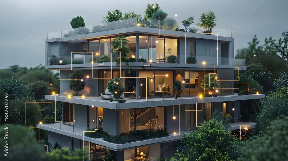 Aufkleber illuminated smart home with automated energy management and efficient sensors in serene landscape at