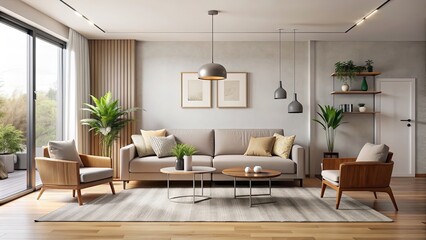 Modern living room interior with minimalist furniture and neutral color palette, modern, living room, interior