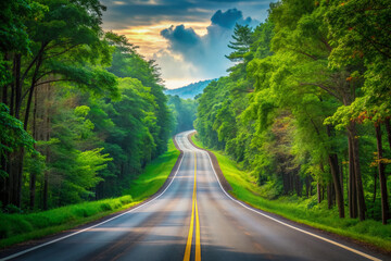 Fototapeta premium Empty open road stretches ahead, curved highway lined with lush green trees, symbolizing freedom and adventure, with a subtle hint of thrill and joy.