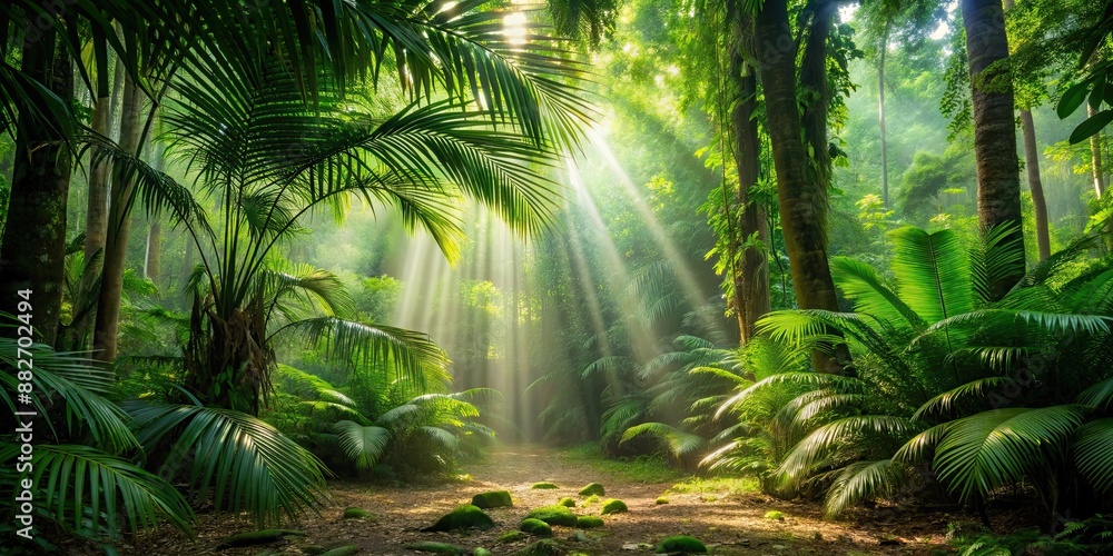 Sticker Lush rainforest floor with dappled sunlight and shadows, lush, rainforest, floor, canopy, shadows, dappled sunlight