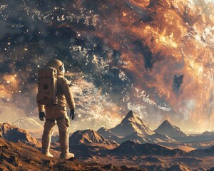 Astronaut Exploring Enigmatic Alien Landscape with Curiosity and Doubt