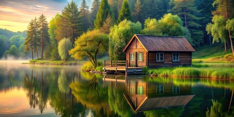 Obraz premium Painting style of a cozy small house nestled by a serene lakeside , cottage, cabin, peaceful, tranquil, water, lake, nature