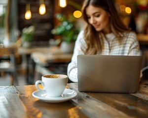 Businesswoman Working on Laptop in Stylish Caf Embracing Modern Work Culture