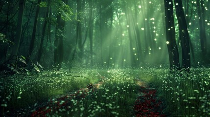 Obraz premium green and black enchanted magical forest with long road , ladybug, red ground with black dot , beautifull white glow stars flower 