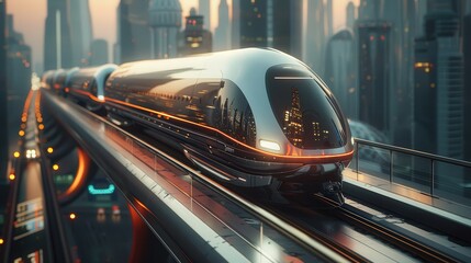 Futuristic High-Speed Train Gliding Through a Modern Cityscape at Sunset