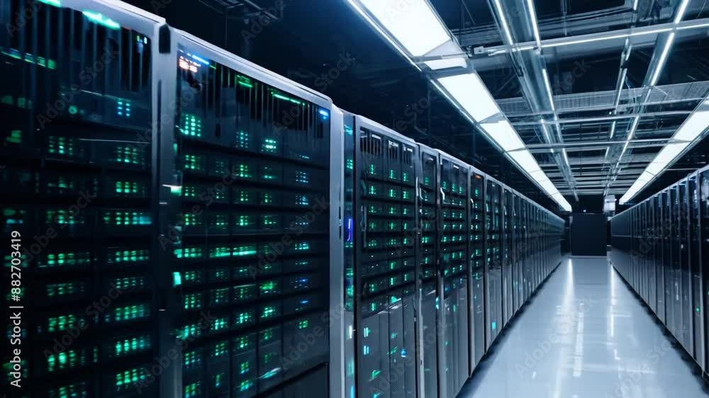 Poster illuminated server racks in a data center generative ai