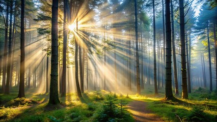 Misty forest with sun rays filtering through trees, nature, woodland, foggy, morning, peaceful, trees, serene, tranquil, mist