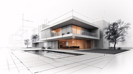 Modern architecture blueprint: detailed sketch of a contemporary building design, ideal for construction and real estate visuals.