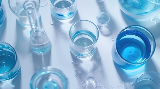 Laboratory equipment viewed from above with blue liquid in glassware on white table