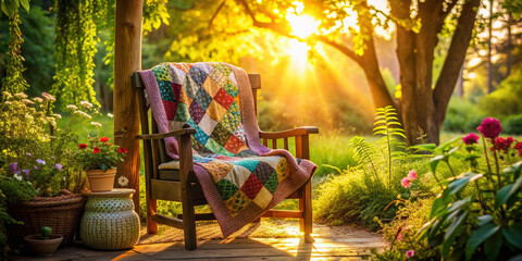 Warm sunbeams illuminate a tranquil retreat featuring a vibrant quilt draped over a rustic wooden chair, surrounded by lush greenery and soft, diffused light.