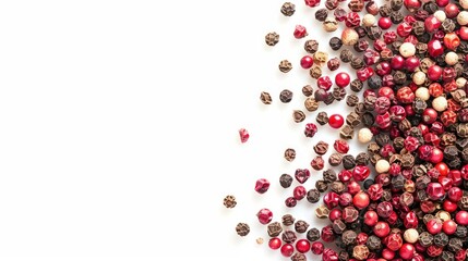 Isolated pink and red peppercorns with white background and space for text packaging idea close up shot