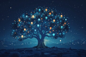 Tree with branches representing SEO strategies, pinpoint icons marking effective ones.